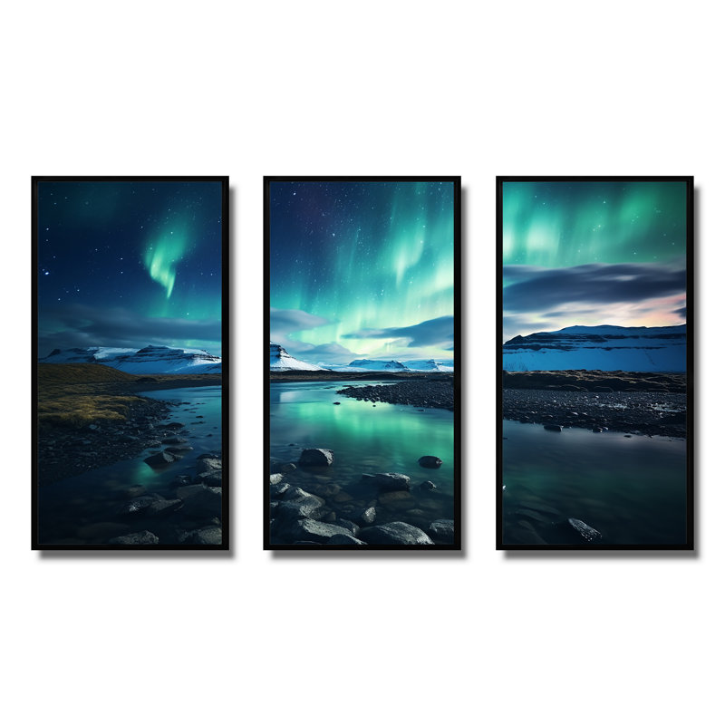 «Islandais Borealis Winters Aurora I», art mural Aurore boréale, H 28 po x l 36 po x P 1 po, Cadre flottant noir
