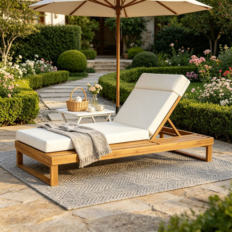Acacia Wood Chaise Lounge with 4-Inch 4-Fold Cushion Set, Adjustable Outdoor Patio Lounger with Flat Side Surface, for Poolside
