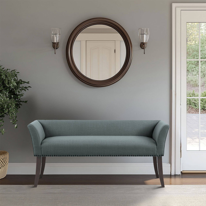 Alfordsville 49.5” Wide Upholstered Nailhead Bench, Slate Blue/Dark Walnut
