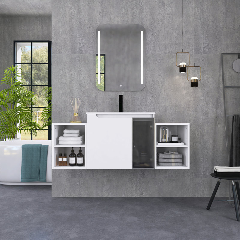 Ensemble de meuble-lavabo mural 48 po avec lavabo en céramique et 2 petites tablettes de rangement, 48.06"