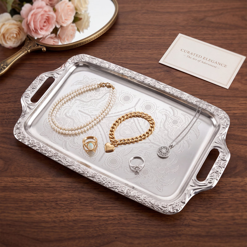 Ensemble de 4 plateaux de service argentés brillants, plateaux rectangulaires en métal alimentaire de 42,4 x 25,7 cm (16,7 x 10,1 pouces) avec double poignée, bords roulés, empilables et lavables au lave-vaisselle, parfaits pour les buffets et les réceptions.