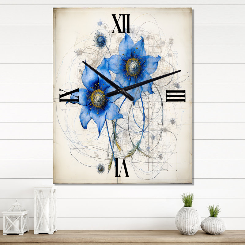 Illustration rétro de la marguerite bleue I - horloge murale rétro Daisy, Très grand