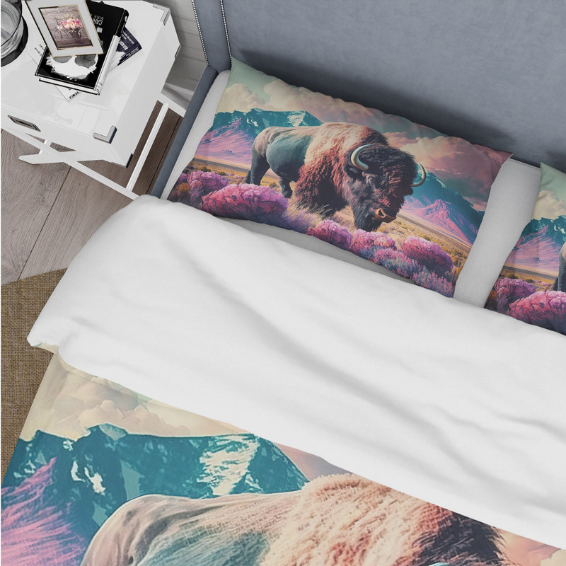 Buffalo avec paysage - ensemble de housse de couette animaux - microfibre de polyester