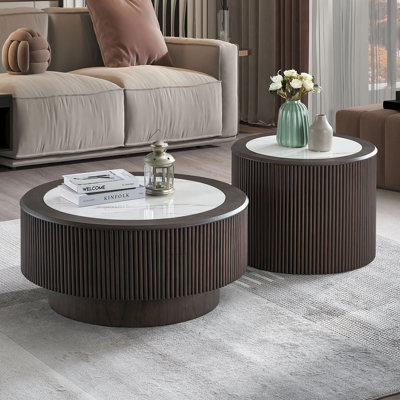 Modern Faux Marble Pattern Stickers Coffee Table Set,31.5 And 23.62 Inch Round End Coffee Table For Living Room,MDF Coffee Table With Sturdy Pedestal by Latitude Run