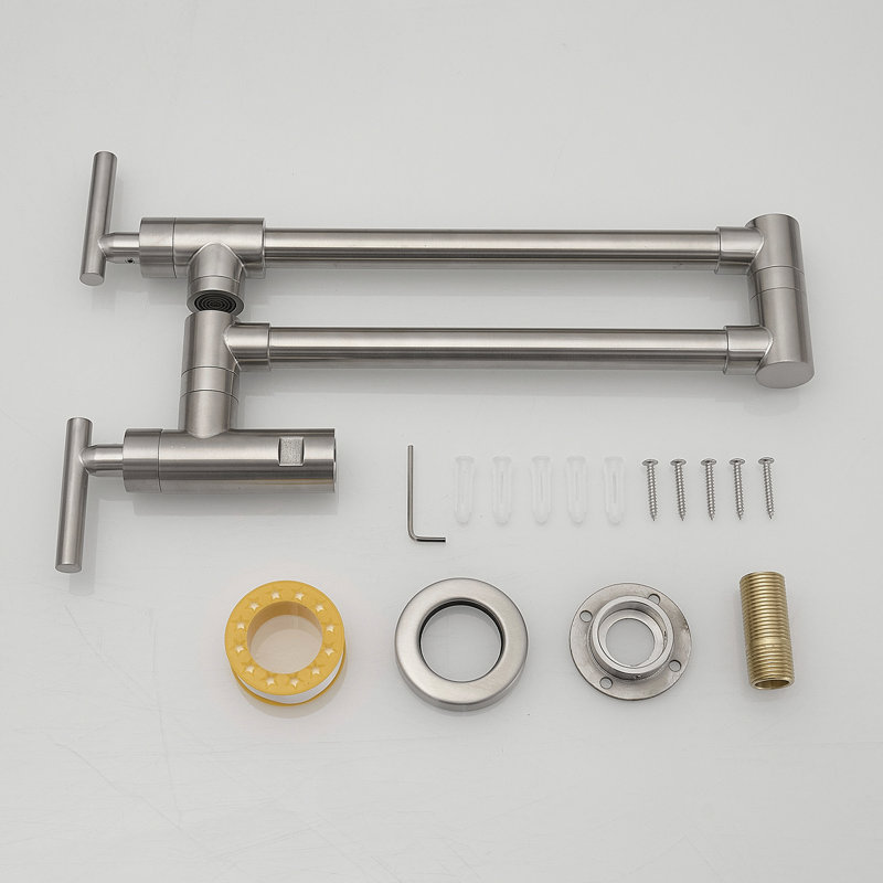 Wall Mount Kitchen Faucet With Pot Filler, 304 Ss Mounted Ss, Brushed Nickel, Double Joint Swing Arm