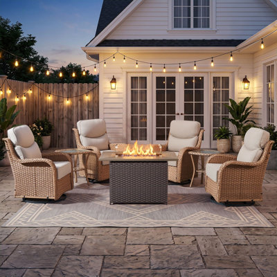 4 - Person Patio Furniture Chair Set With Fire Pit Table, 4 Swivel Glider Chairs With 6-Inch Cushions & Side Table