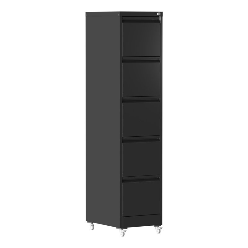 5 Drawer Metal Vertical File Cabinet With Lock On Wheels For Home Office,Heavy Duty Metal Storage Cabinet For A4/Letter/Legal Size Files, Black, 17.71"D*15.16"W*64.17"H