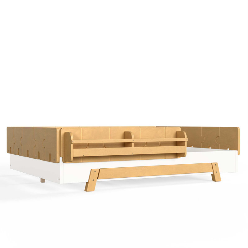 Lit sur pied Montessori avec garde-corps pleine longueur et bibliothèque intégrée, Natural;White