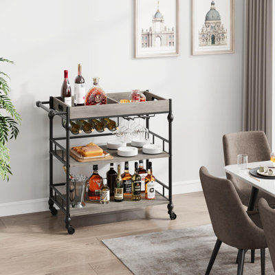 3-Tier Rolling Bar Cart with Wheels, Metal Serving Cart with Wine Rack & Removable Tray for Home, Kitchen, Dining Room, and Living