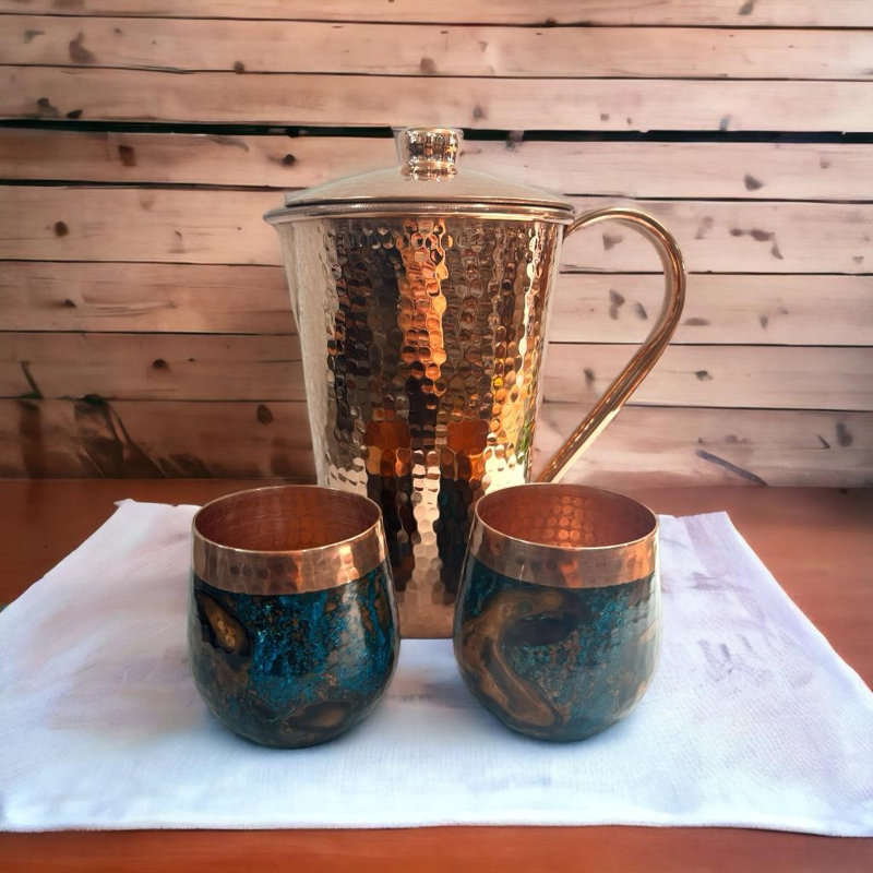 Ambiente 3-Piece Pure Copper Pitcher Set – Hammered Water Pitcher with Copper Tumblers for Drinking, Handcrafted Artisan Design