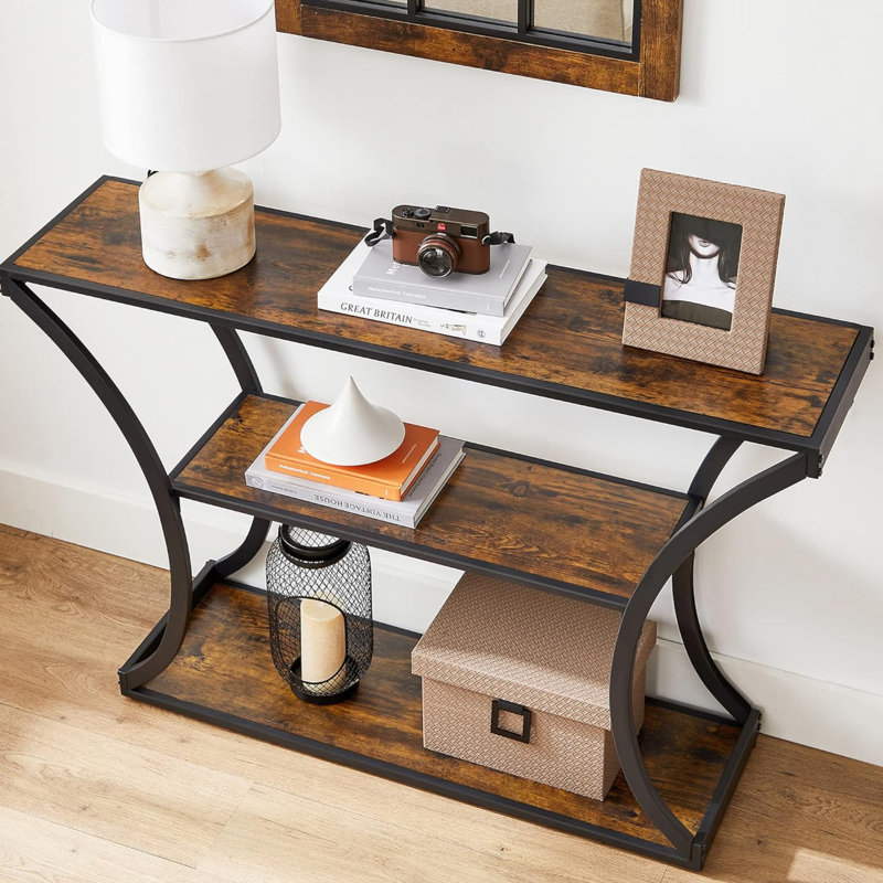 Console avec cadres courbés et 2 tablettes ouvertes. Brun rustique + noir