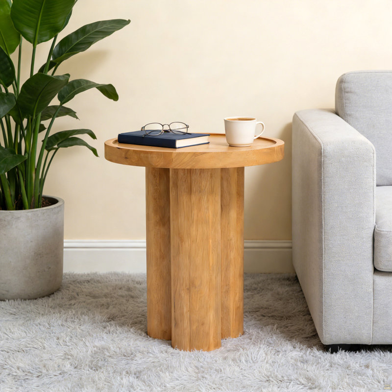 Round Solid Wood End Table,Natural
