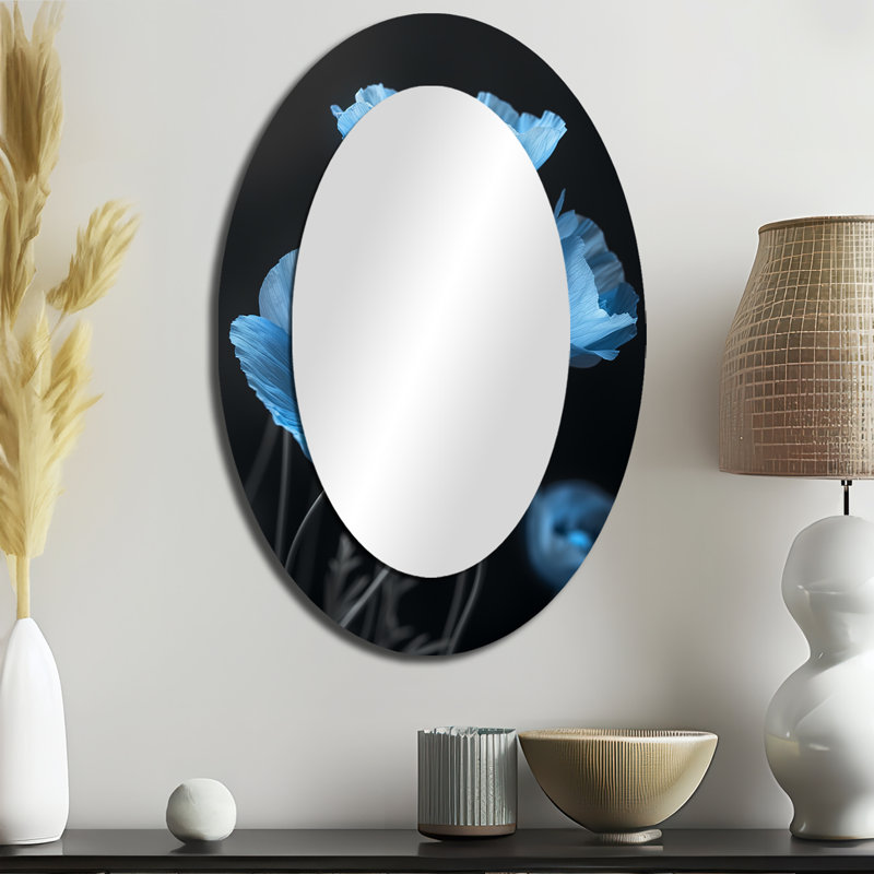 Blue Black Natures Nuance Poppies II - Modern Oval Wall Mirror, 36" x 24"