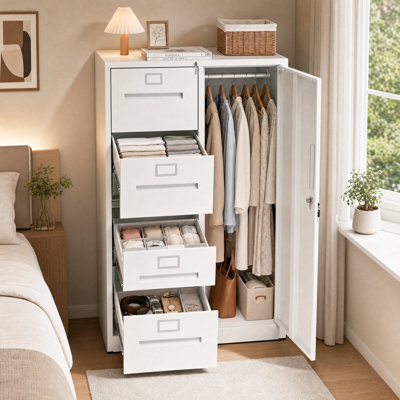 53'' Locking Metal Office Storage Cabinet with 4 Drawers & Adjustable Shelf, White