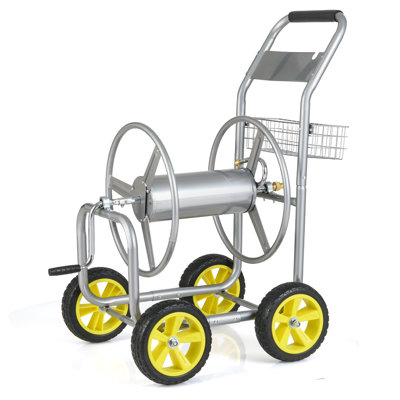 Chariot-enrouleur de boyau d'arrosage robuste en métal antirouille avec 4 roues et panier de rangement supplémentaire pour l'arrosage du jardin