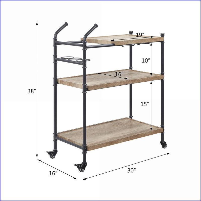 Brantley Oak &amp; Sandy Black Serving Cart with 3 Tier Shelves, Metal Wheels | Oak,Sand | Metal,Synthetic Wood