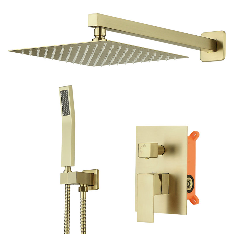 Douche de salle de bain moderne en or brossé, pluie murale de 10 pouces avec douchette amovible, robinet géométrique, robinet en céramique, valve à cartouche avec poignée manuelle, robinets à 3 trous