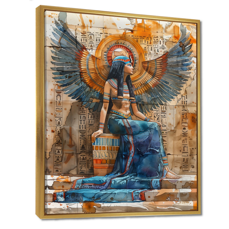 Bleu et beige, déesse égyptienne II - Égypte, impression d'art mural, Toile avec cadre flottant or