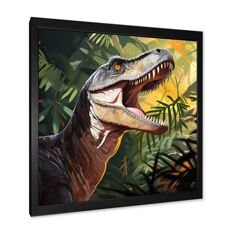 Dinosaur gris et vert «Call I» - art de mur de dinosaure, H 36 po x l 36 po x P 1,5 po, Cadre simple noir