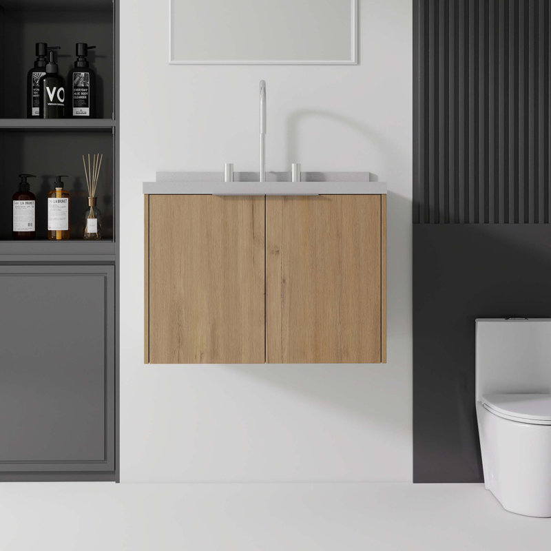Meuble-lavabo suspendu avec lavabo, porte à fermeture douce et comptoir en marbre reconstitué, Oak