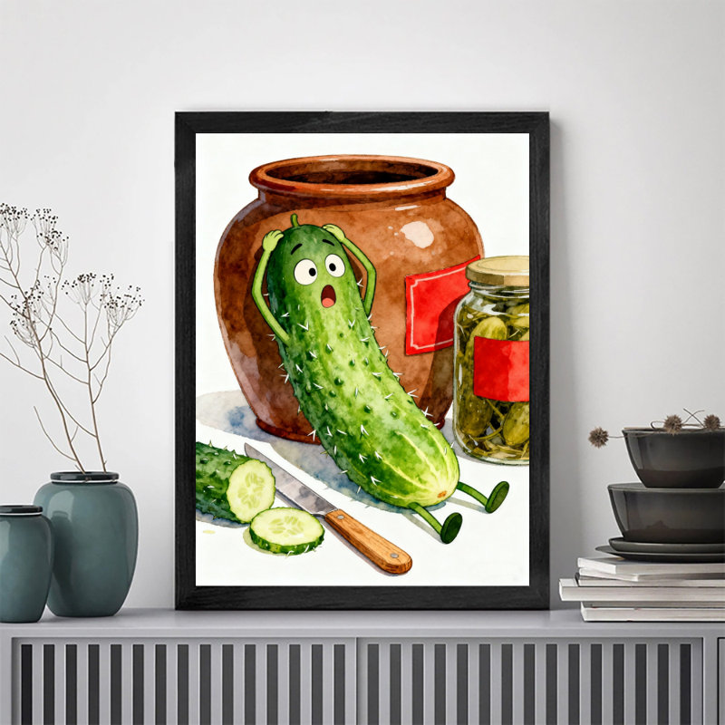 "Noir", concombre rétro encadré de concombres marinés, art rétro, H 11 po x l 9 po