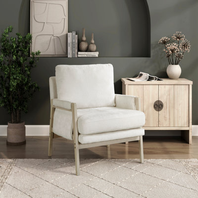 Chaise d'appoint - Fauteuil rembourré de style moderne avec revêtement en chenille crème et tissu d'ameublement en bois massif 1pc