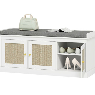 Shoe Storage Bench With Doors, 39.4" Wide Cushion, Removable Cover, Flexible Adjustable Shelves Bedroom Woven Design And Ample Space For 9 Pairs, Shelf Positions, Comfortable Seating