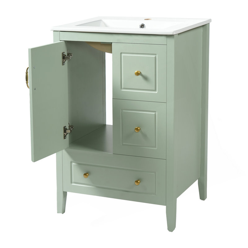 Meuble-lavabo 24 po avec lavabo, une armoire avec porte à fermeture douce, 3 tiroirs à fermeture douce, poignées en métal rétro