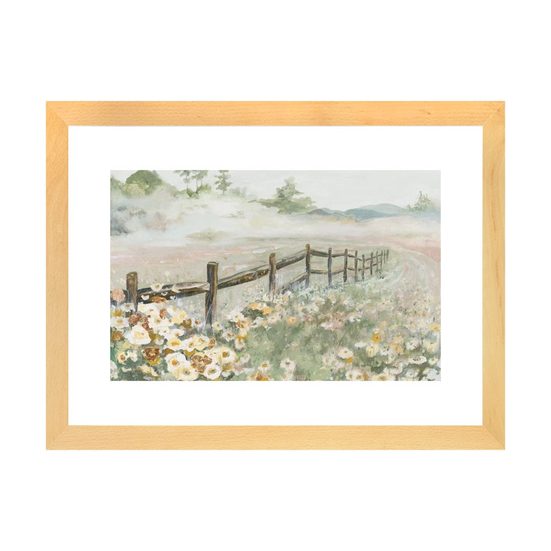 « Clôture avec fleurs » par Patricia Pinto, reproduction d’art, H 32 po x l 24 po x P 1 po, Toile avec cadre en bois beige