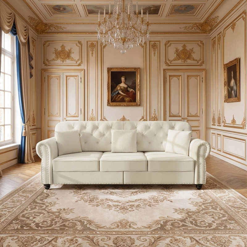 Canapé Chesterfield de style Mid-Century moderne avec garniture cloutée, capitonnage à boutons et accoudoirs roulés - Comprend un repose-pieds