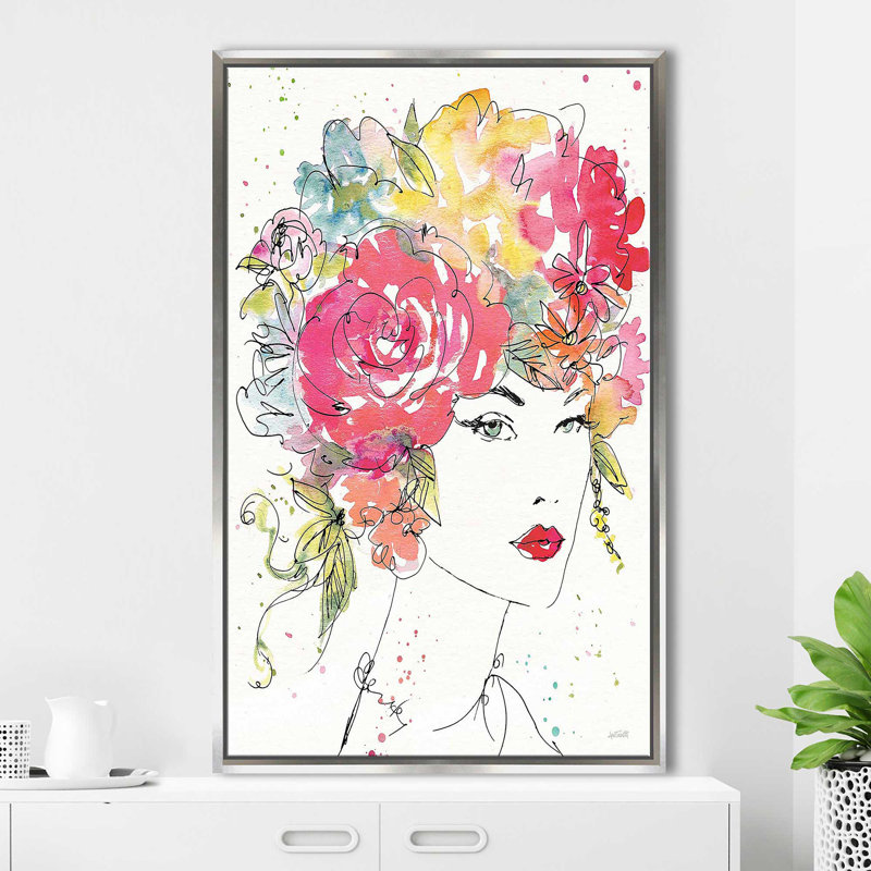 Personnages floraux I - Peinture, Cadre flottant argent, H 43,5 po x l 27,5 po x P 2 po