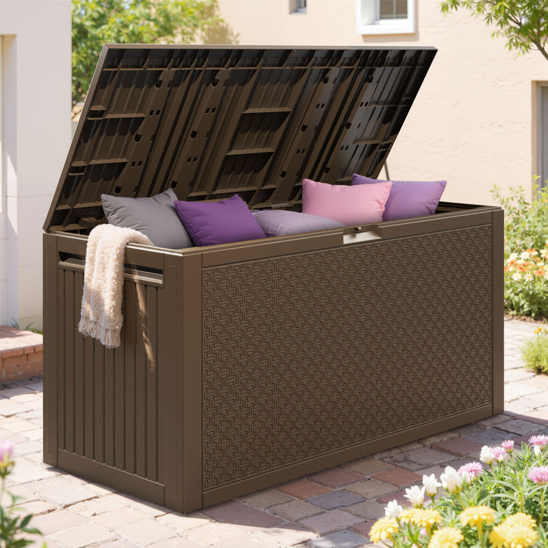 90GAL Outdoor Resin Deck Box Maze Pattern, Patio Toy Storage Furniture For Garden, MAX 485LBS Weight Storag Bench Table For Porch