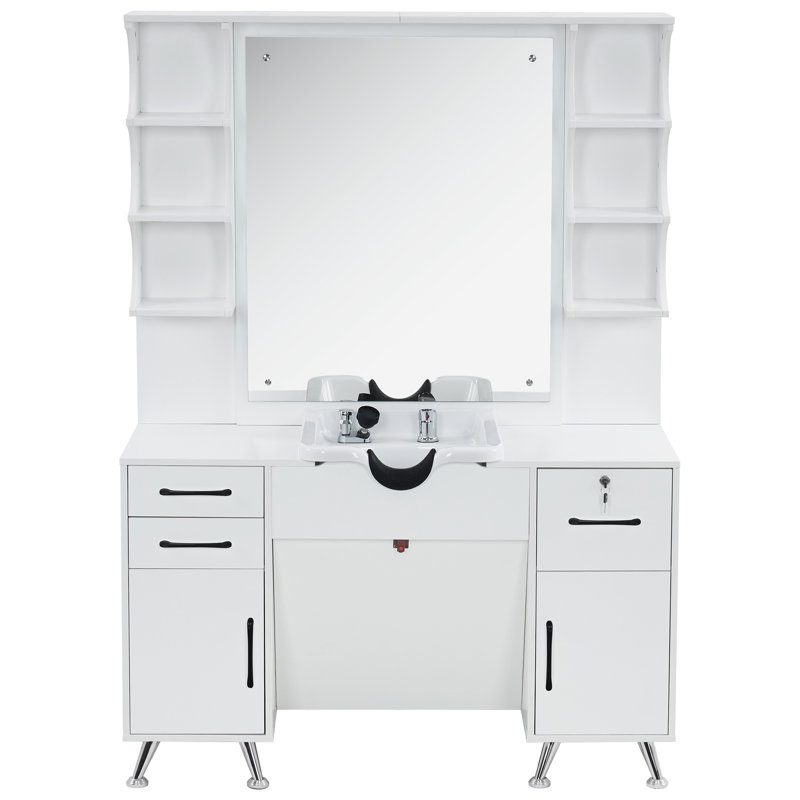 Taquil Backwash Shampoo Bowl Cabinet, Wall Mount Station with Mirror, Storage Cabinet with Drawers, White