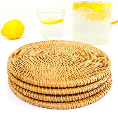 Ensemble de 4 sous-verres ronds 7,87 pouces en rotin naturel - Sous-verres et coussinets chauffants résistants à la chaleur tissés à la main