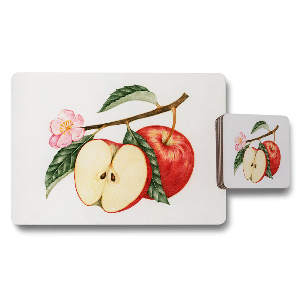 Apple Botanical Placemat and Coaster Set With Floral Branch Design