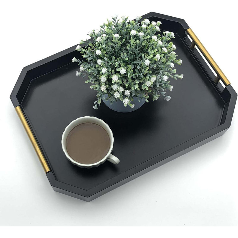 Serving Tray With Polished Metal Handles, Hexagon Coffee Table Tray, Modern Rectangle Decorative Tray, Large Ottoman Tray, Perfect For Storage And Display (Black Rectangle)