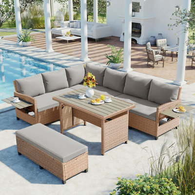 Ensemble de canapé de patio extérieur en rotin 5 pièces, ensemble de mobilier de jardin en forme de L en osier modulaire avec 2 tables d'appoint extensibles, table de salle à manger et housses lavables pour la cour, la piscine et l'intérieur