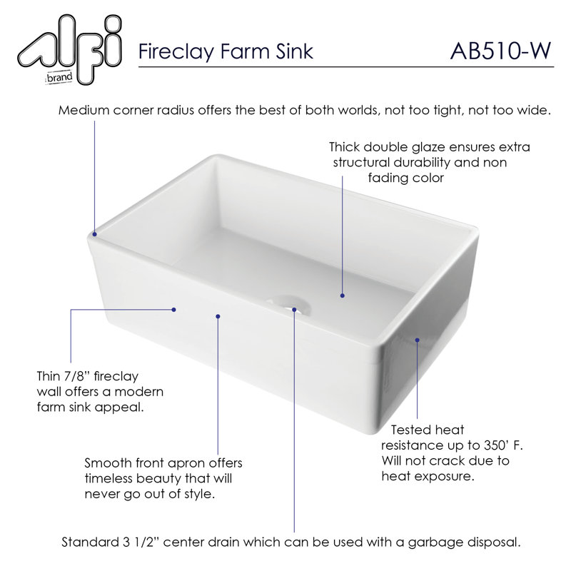 29.88'' L Single Bowl Fireclay Kitchen Sink, White