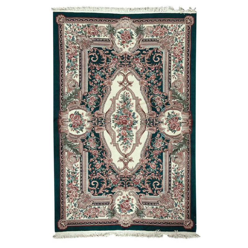 Tapis vert / rouge / ivoire en laine noué à la main de conception unique 5 pi 9 po x 8 pi 9 po