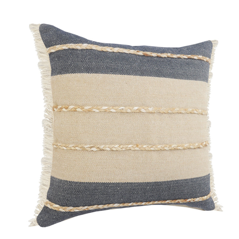 Nautical Striped Braided Cotton Blend Decorative Throw Pillow, Square 20", Gray/Beige, Polyester/Polyfill
