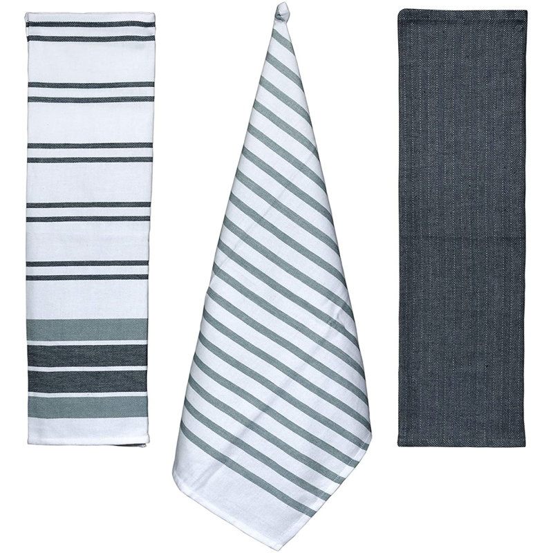 Cotton Stripe Kitchen Towel Linen Set, Sage