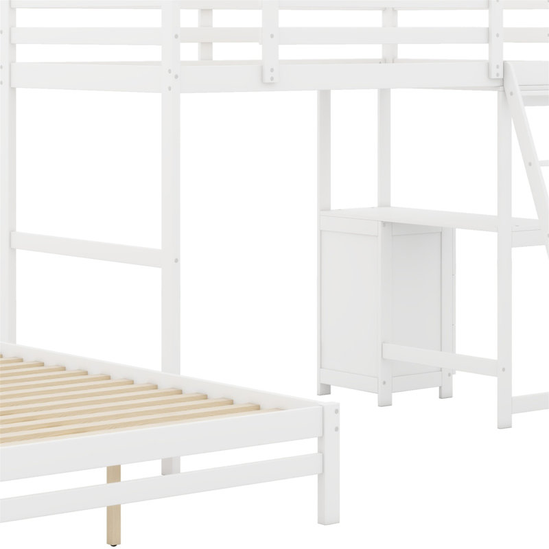 Lit superposé avec bureau et trois tiroirs, Blanc/naturel