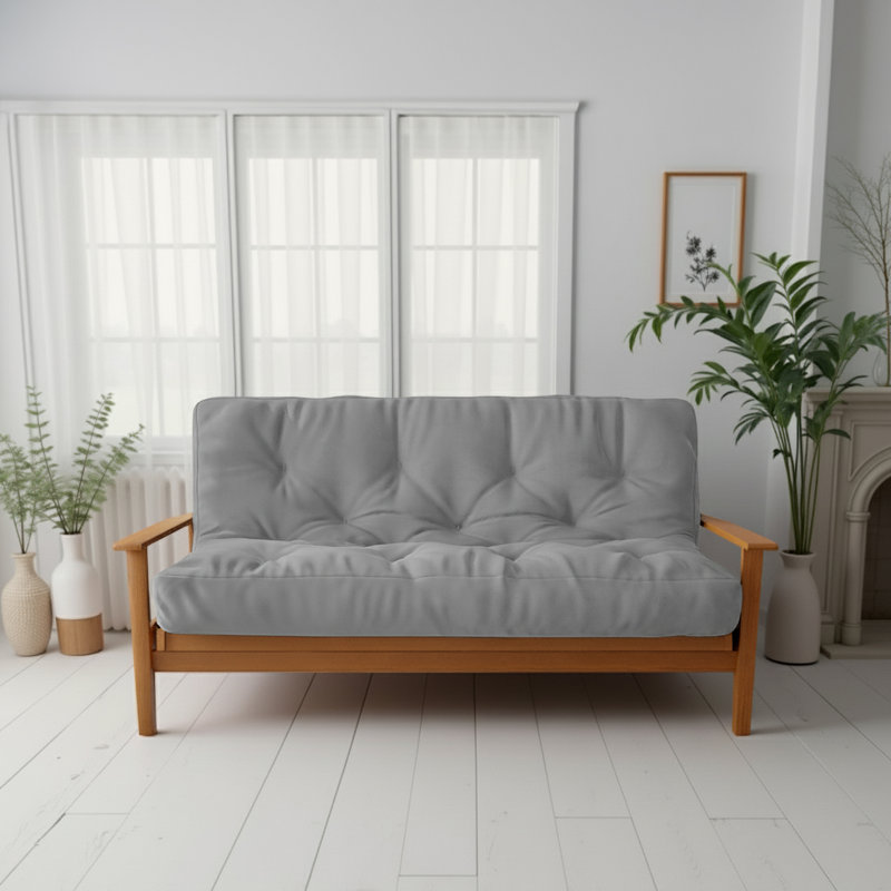 Lit simple en bois avec 2 tiroirs et garde-corps, Naturel