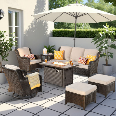 7 Piece Outdoor Wicker Swivel Rocking Chairs With Rectangle Propane Fire Pit Table, Patio Furniture Set, All Weather High Back Sofa Set