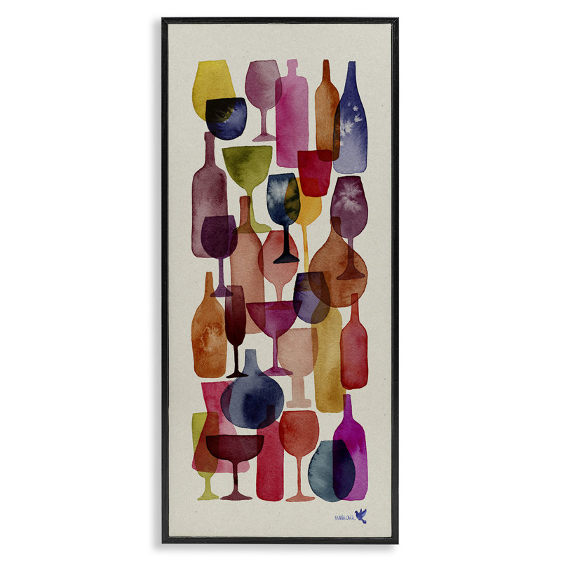 "Layered Wine Glasses", peinture encadrée sur bois par Maria Over, impression, Giclée encadrée noir minuit, L 24 po x H 10 po