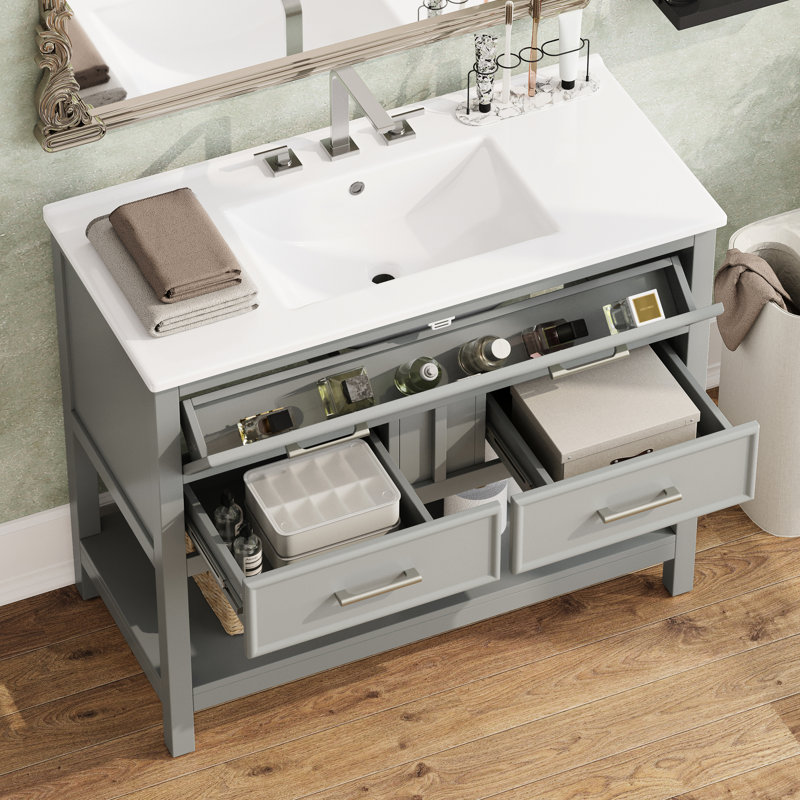 Meuble-lavabo gris 36 po avec lavabo en céramique, tiroirs pleine extension, glissières de tiroir à fermeture en douceur et glissières de lavabo lustrées, poignées de tiroir en argent rouille