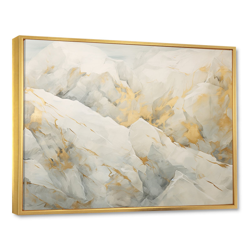 Art sur pierre de glacier beige et doré II - reproductions d'art abstrait, Cadre flottant doré, H 24 po x l 32 po