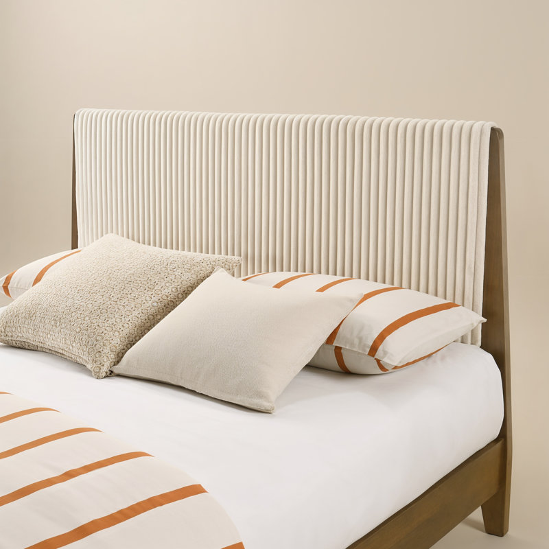Lunaris Mid-Century Solid Wood Queen Platform Bed With Upholstered Headboard, Brown
