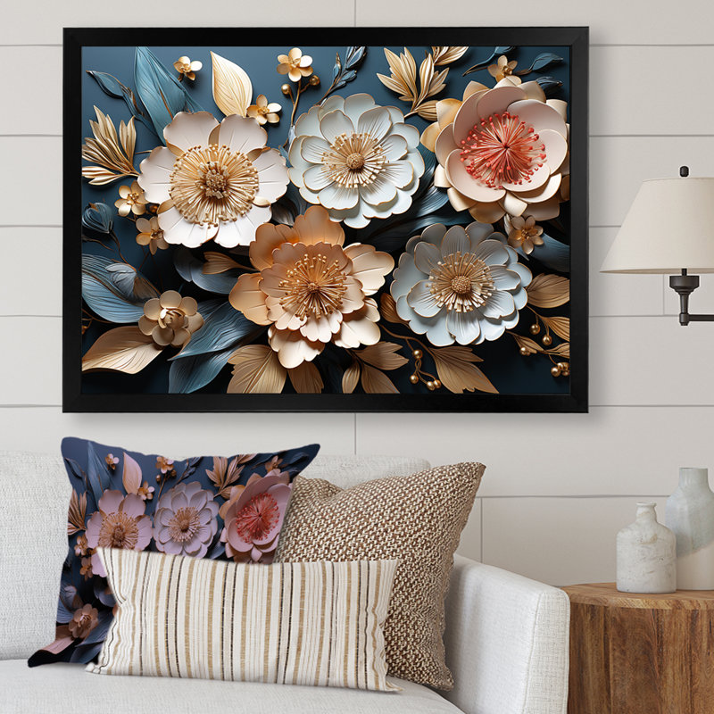 Coquelicots blancs et bleus, arbre II - Art floral abstrait, H 12 po x l 20 po x P 1 po, Cadre d'angle fermé noir