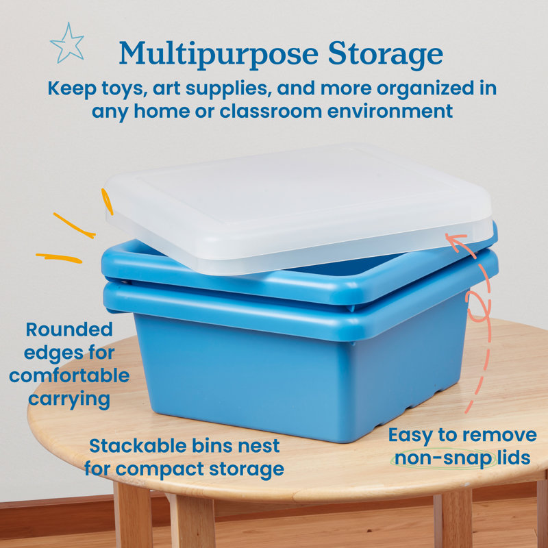 ECR4Kids Square Bin with Lid, Storage Containers, 2-Pack, French Blue